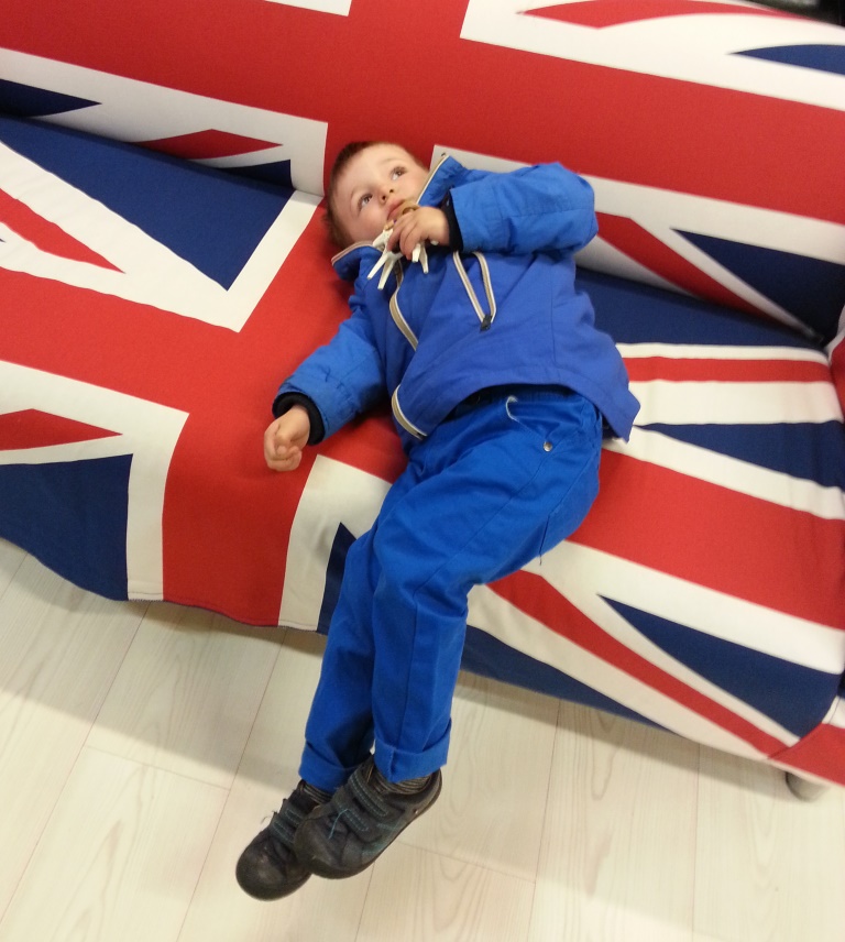 chilling out on union jack ikea sofa