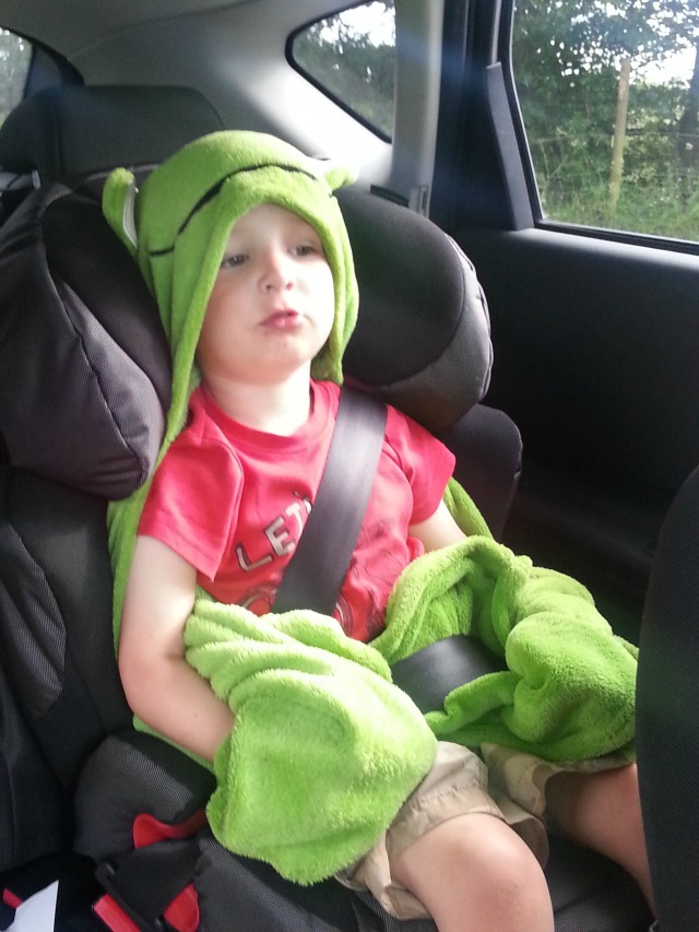 dressed up in his frog blanket in the car