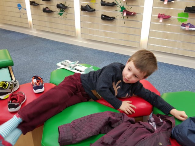 sprawling in the shoe shop