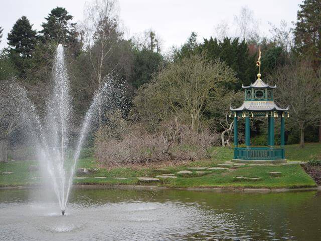 water fountain by a chinese pagoda