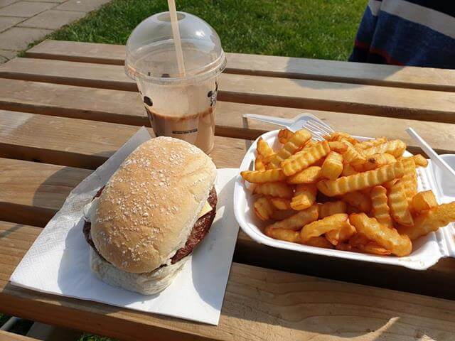 beefburger and fries near the beach at whitby