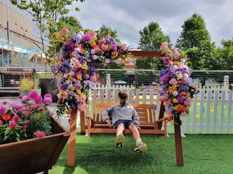 floral bench decorations in town