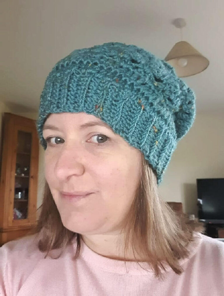 homemade green crochet slouch hat