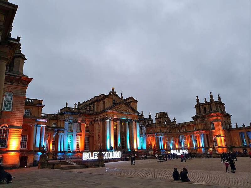 Blenheim palace lit up from courtyard