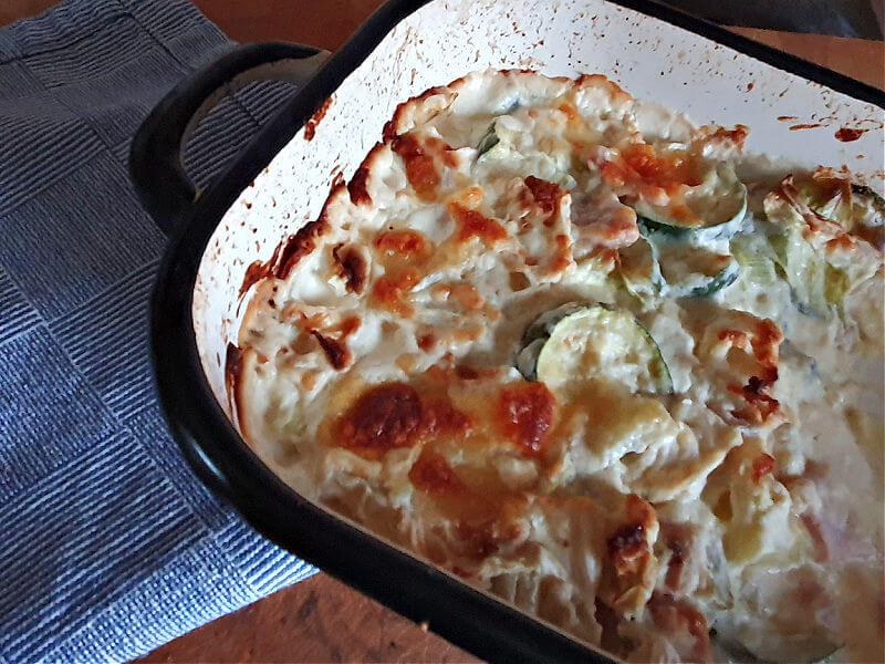 cabbage, bacon, celery, pepper bake with keto cheese sauce