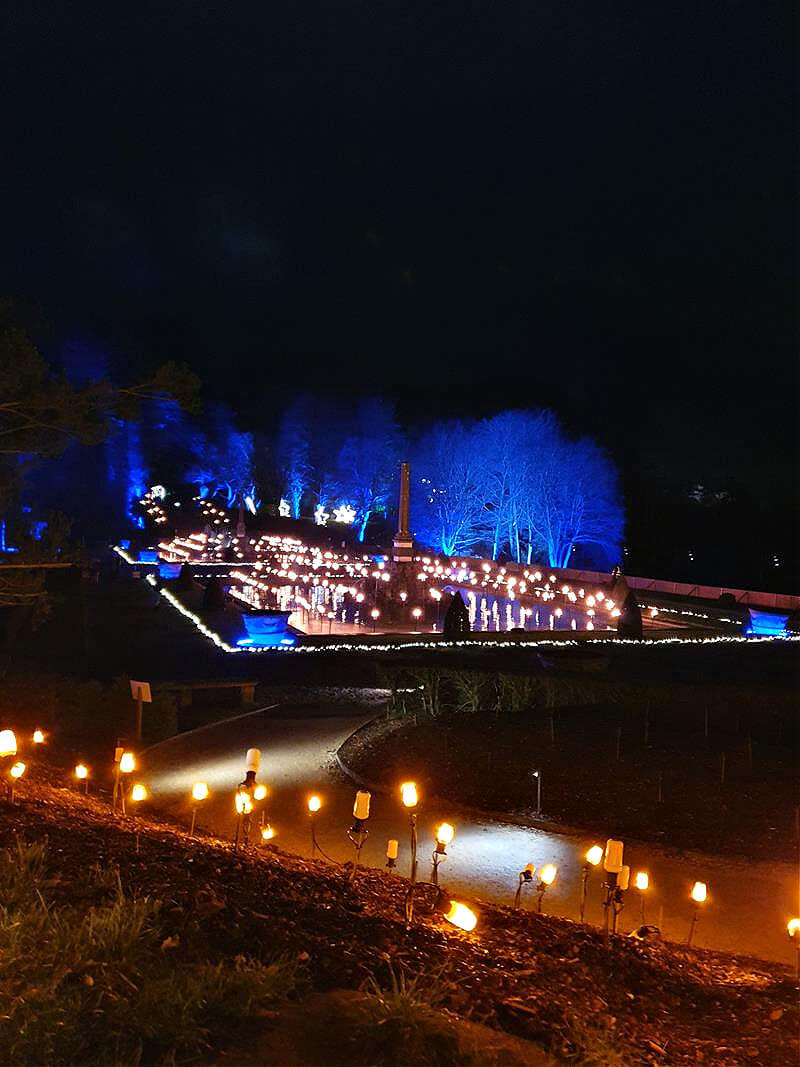 distance view of burning light display at blenheim gardens