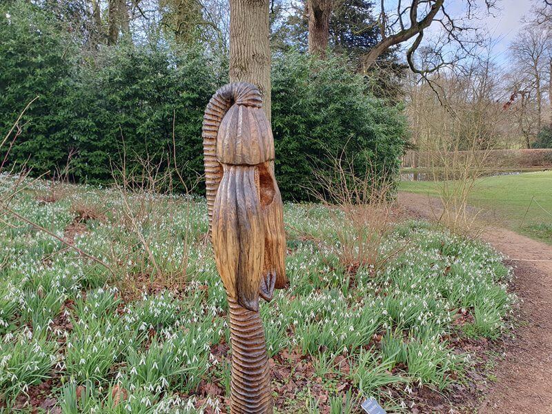 snowdrop carving from wood statue with real snowdrops on the ground behind