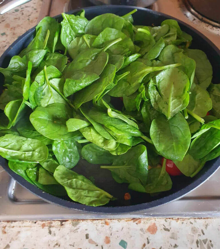 frying pan of spinach