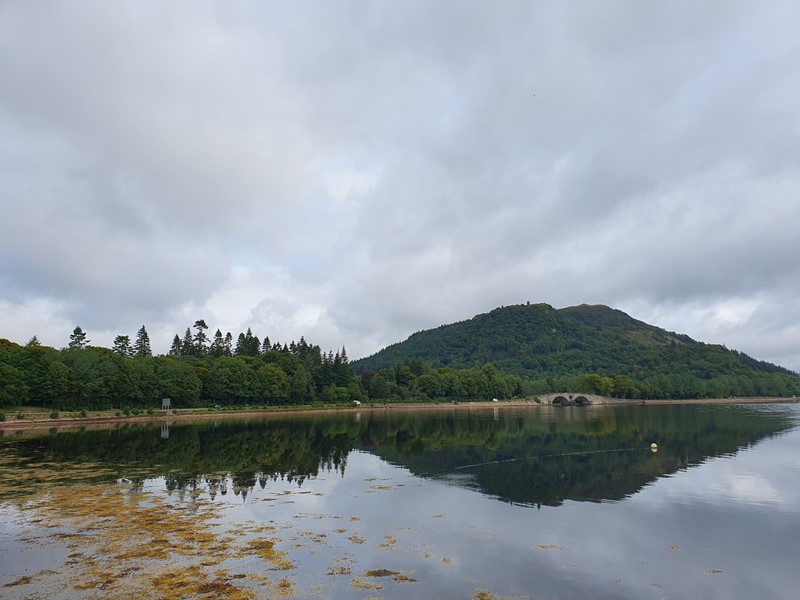 hill and tree reflections in loch fyne with the road bridge at the edge