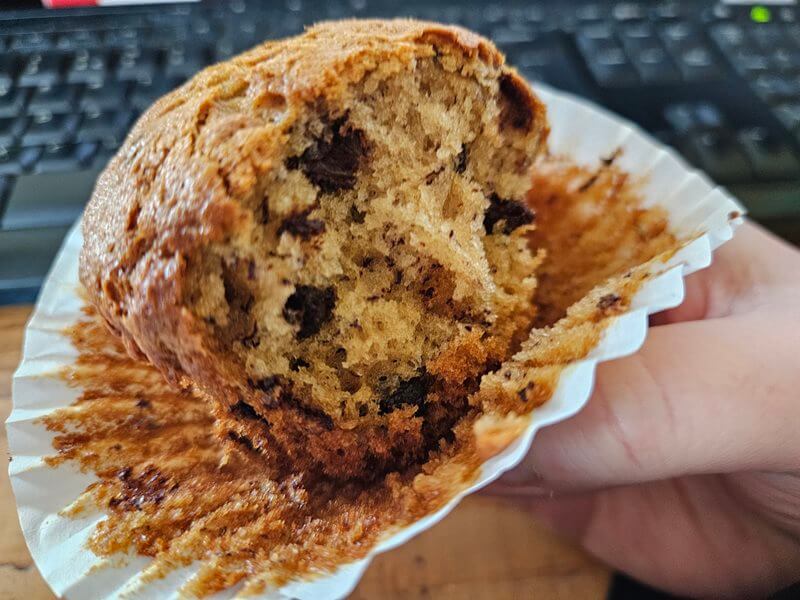 inside of a banana and chocolate chip muffin