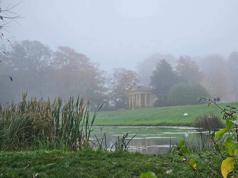 foggy view over the octagon lake at stowe