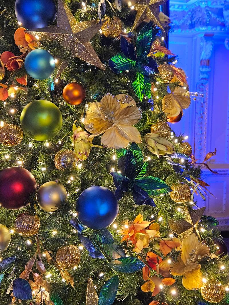 close up of christmas tree decorations