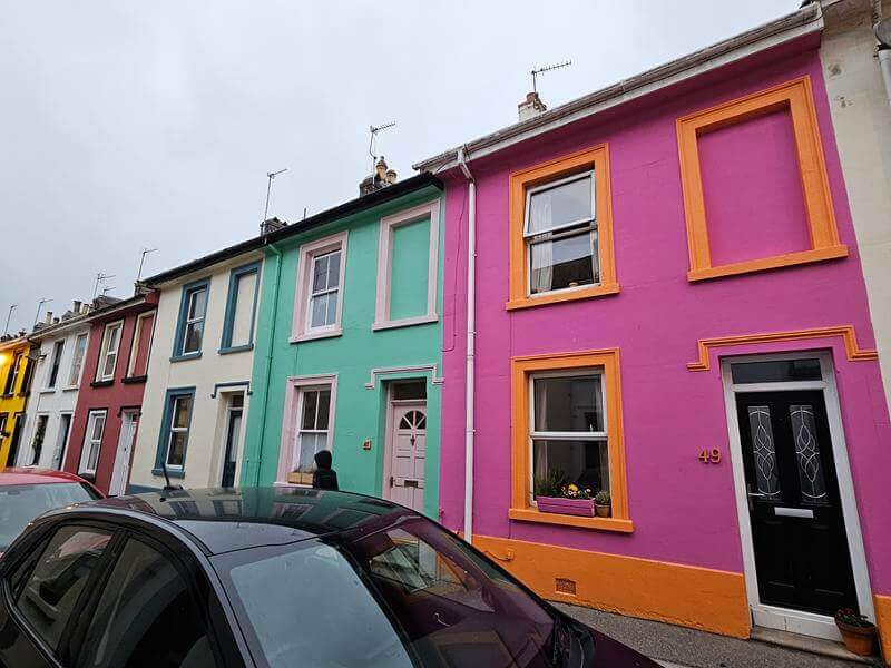 pink and green painted houses in Penzance